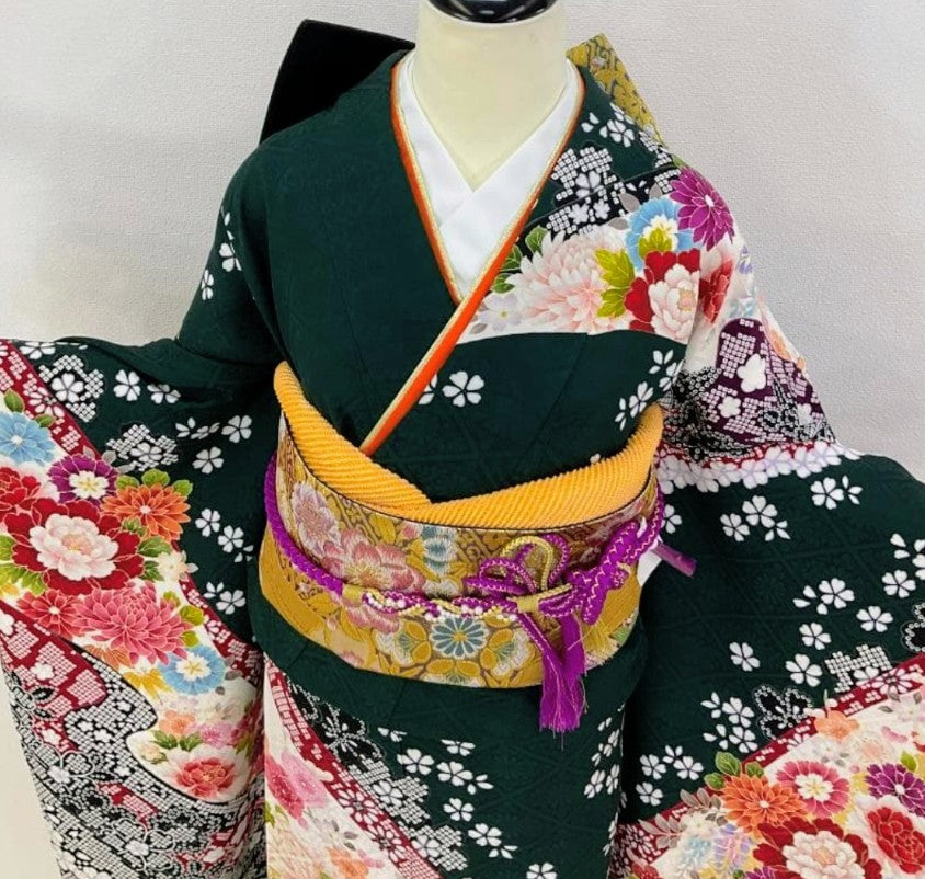 Green Furisode Full Set - 7 Pieces - LL to Tall Size