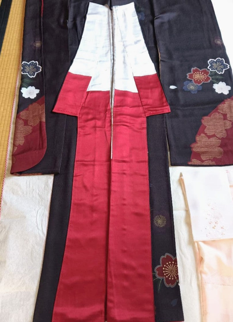 Modern Sakura Furisode Full Set - Navy Purple & Crimson - Authentic Silk - Pre-owned