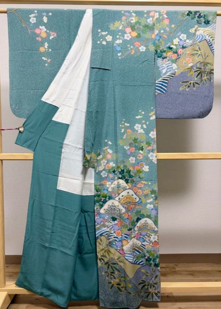 Kyo-Yuzen Houmongi Kimono من Shiratori Eisetsu - حرير أخضر مع لمسات ذهبية ومجموعة Nishijin Obi