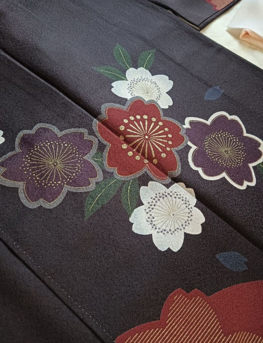 Modern Sakura Furisode Full Set - Navy Purple & Crimson - Authentic Silk - Pre-owned
