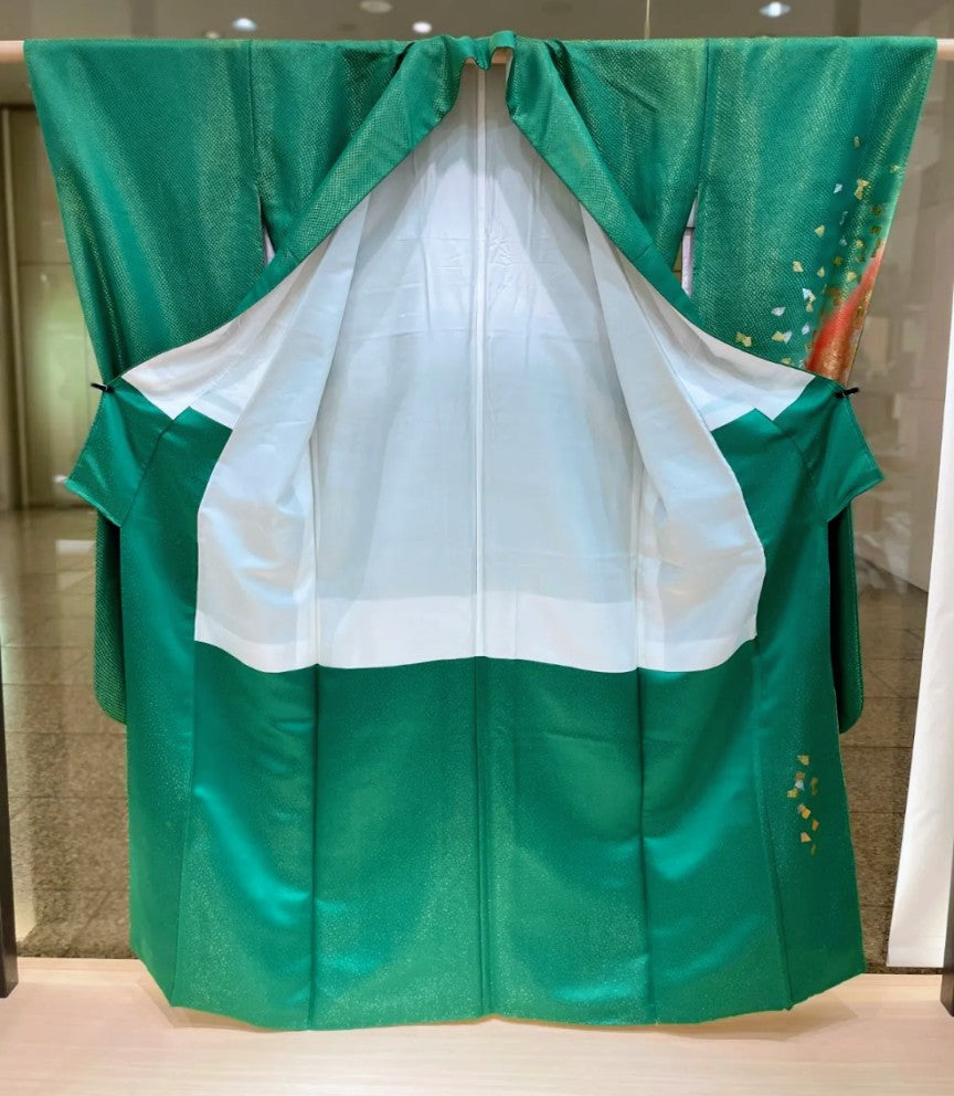 Premium Kyo-Yuzen Furisode by Horishohei - Green Classic Pattern with Tsuzure Obi