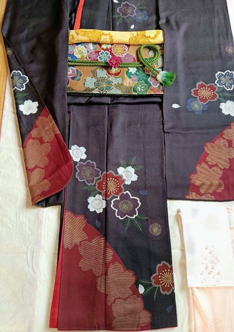 Modern Sakura Furisode Full Set - Navy Purple & Crimson - Authentic Silk - Pre-owned