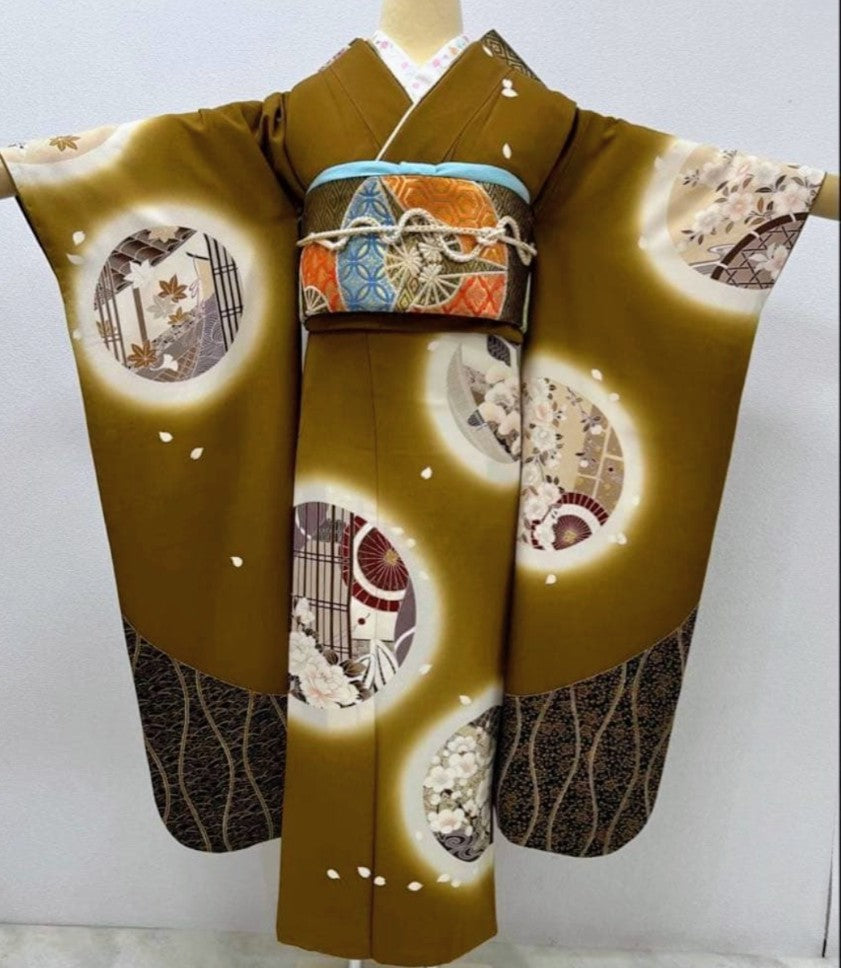 Vintage Furisode Kimono Full Set - Gold Embroidery & Kawashima Obi - Pre-Owned