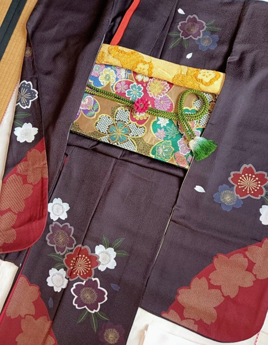 Modern Sakura Furisode Full Set - Navy Purple & Crimson - Authentic Silk - Pre-owned