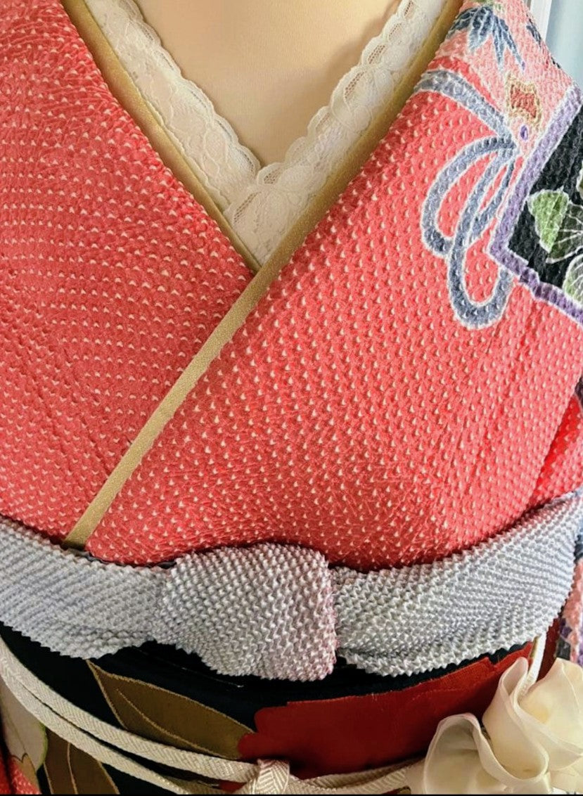 Fujimusume Kinutaya Shibori Furisode & Nishijin Obi Set - Vintage Ceremonial Kimono