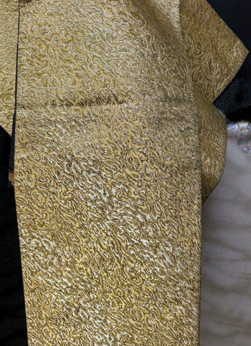 Hori Shohei Furisode Full Set - Champagne Gold & Black with Gold Leaf - Pre-Owned