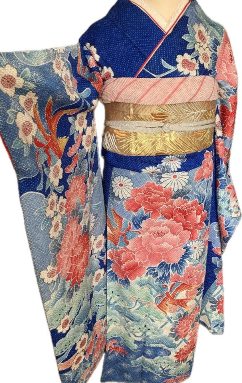 Fujimusume Kinutaya Blue Shibori Furisode & Shosoin Nishijin Obi Set - Vintage Ceremonial Kimono