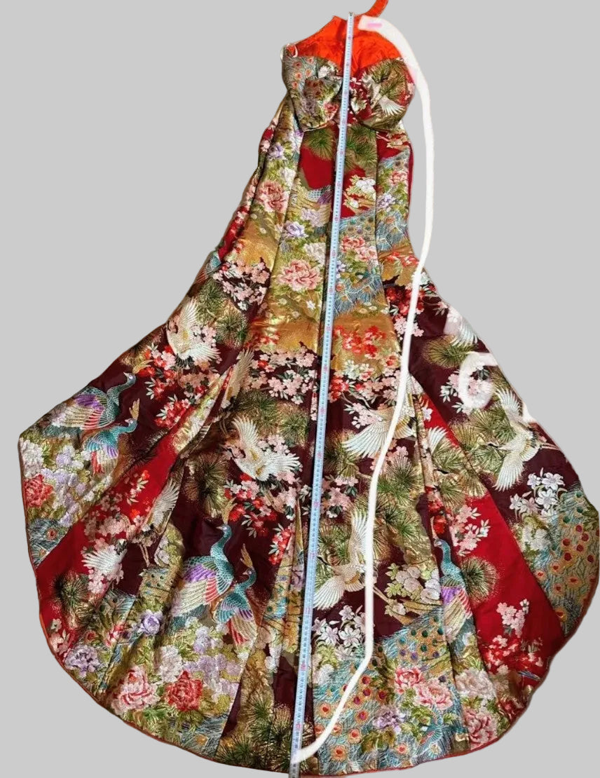 Furisode Remake Dress - Vibrant Japanese Kimono Fabric Halter Neck with Back Ribbon - Pre-Owned