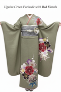 Uguisu Green Furisode with Red Florals