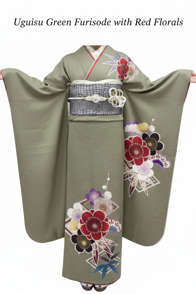 Uguisu Green Furisode with Red Florals